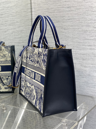 CD Medium Book Tote With Strap White and Navy Blue Toile de Jouy Sauvage Embroidery With Navy Blue Calfskin
