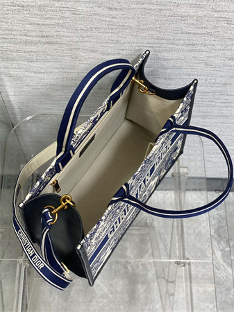 CD Medium Book Tote With Strap White and Navy Blue Toile de Jouy Sauvage Embroidery With Navy Blue Calfskin