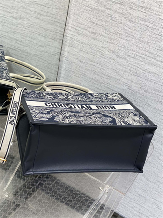 CD Medium Book Tote With Strap Blue and Ecru Toile de Jouy Reverse Embroidery and Blue Calfskin