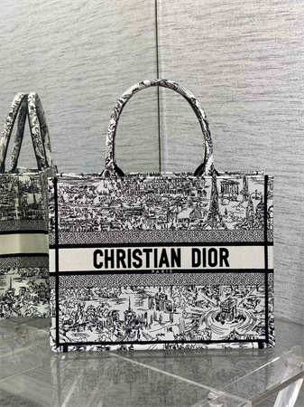CD Medium Book Tote White and Black Paris Allover Embroidery