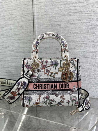 CD Medium Lady Di.or D-Lite Bag White Multicolor Dior Herbarium Embroidery