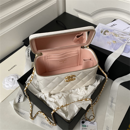 Chanel Vanity Case With Gold Ball Lambksin Gold Tone Metal White AP3651