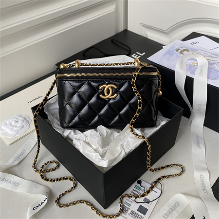 Chanel Vanity Case With Gold Ball Lambksin Gold Tone Metal Black AP3651
