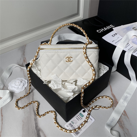 Chanel Vanity Case With Top Handle Grained Calfskin Gold Tone Metal White AP4064