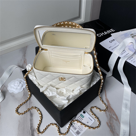 Chanel Vanity Case With Top Handle Grained Calfskin Gold Tone Metal White AP4064