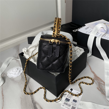 Chanel Vanity Case With Top Handle Grained Calfskin Gold Tone Metal Black AP4064