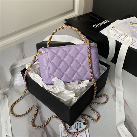 Chanel Vanity Case With Top Handle Grained Calfskin Gold Tone Metal Lt Purple AP4064