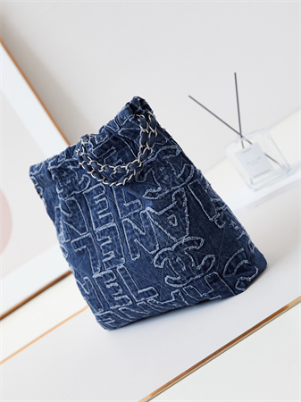Cha.nel 22 Small Handbag Dk Blue Denim Silver Tone Metal AS3260