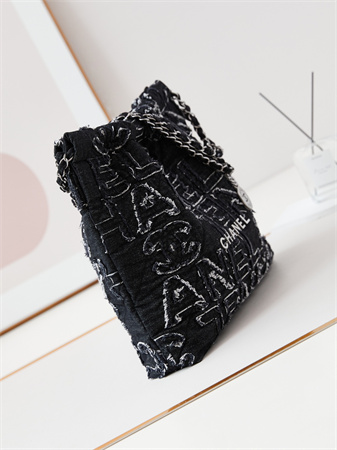 Cha.nel 22 Medium Handbag Black Denim Silver Tone Metal AS3261