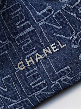 Cha.nel 22 Medium Handbag Dk Blue Denim Silver Tone Metal AS3261