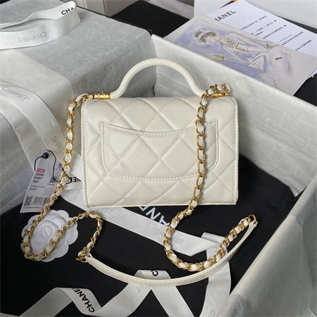 Chanel Mini Flap Bag With Top Handle Grained Shinny Calfskin Gold Tone Metal White AS4956