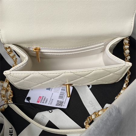 Chanel Mini Flap Bag With Top Handle Grained Shinny Calfskin Gold Tone Metal White AS4956