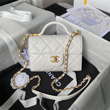 Chanel Mini Flap Bag With Top Handle Lambskin Gold Tone Metal White AS4956