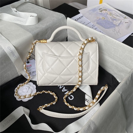 Chanel Mini Flap Bag With Top Handle Lambskin Gold Tone Metal White AS4956