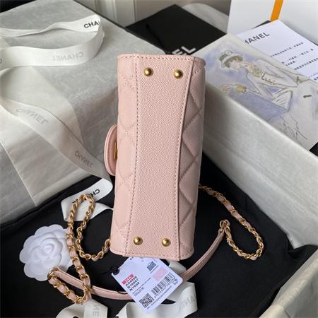 Chanel Mini Flap Bag With Top Handle Grained Shinny Calfskin Gold Tone Metal Pink AS4956