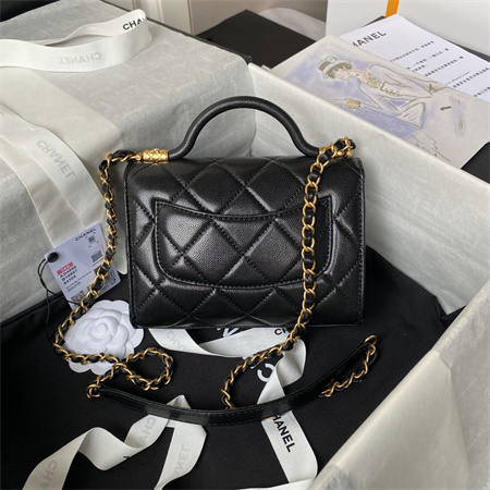 Chanel Mini Flap Bag With Top Handle Grained Shinny Calfskin Gold Tone Metal Black AS4956