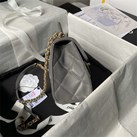 Chanel Mini Flap Bag With Top Handle Lambskin Gold Tone Metal Grey AS4956