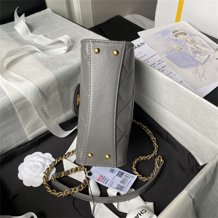 Chanel Mini Flap Bag With Top Handle Lambskin Gold Tone Metal Grey AS4956