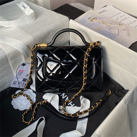 Chanel Mini Flap Bag With Top Handle Patent Calfskin Gold Tone Metal Black AS4956