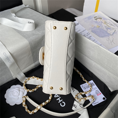 Chanel Flap Bag With Top Handle Lambskin Gold Tone Metal White AS4957