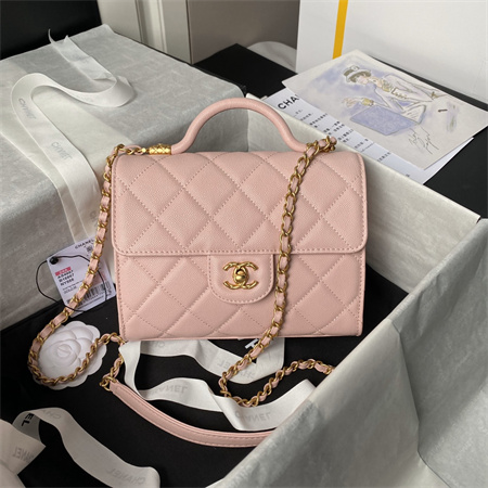 Chanel Flap Bag With Top Handle Grained Shinny Calfskin Gold Tone Metal Pink AS4957