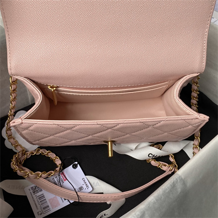 Chanel Flap Bag With Top Handle Grained Shinny Calfskin Gold Tone Metal Pink AS4957