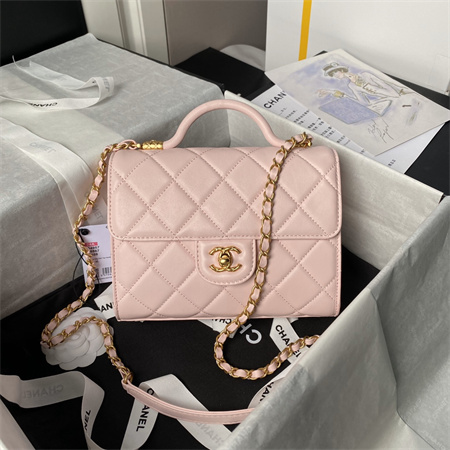 Chanel Flap Bag With Top Handle Lambskin Gold Tone Metal Pink AS4957