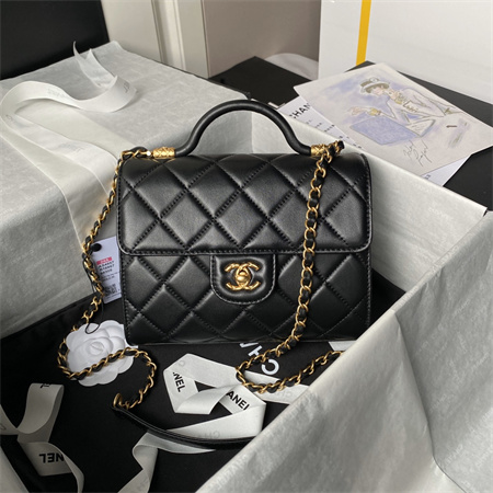 Chanel Flap Bag With Top Handle Lambskin Gold Tone Metal Black AS4957