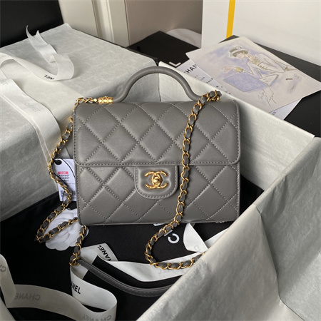 Chanel Flap Bag With Top Handle Lambskin Gold Tone Metal Grey AS4957