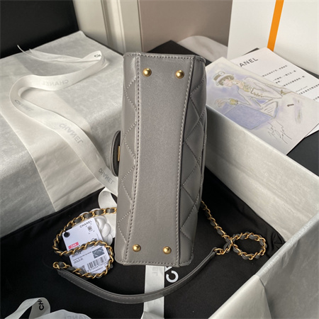 Chanel Flap Bag With Top Handle Lambskin Gold Tone Metal Grey AS4957