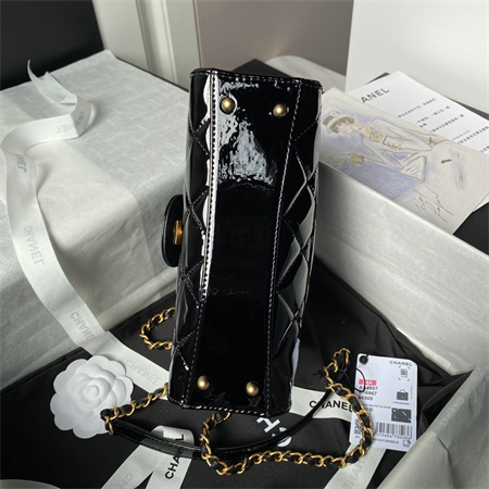 Chanel Flap Bag With Top Handle Patent Calfskin Gold Tone Metal Black AS4957