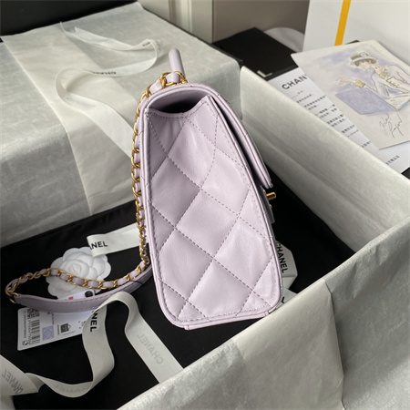 Chanel Flap Bag With Top Handle Lambskin Gold Tone Metal Lt Purple AS4956