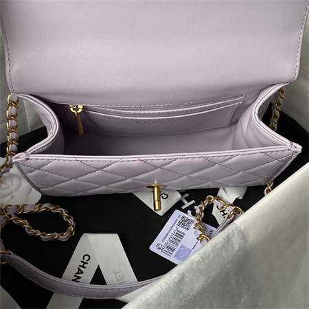 Chanel Flap Bag With Top Handle Lambskin Gold Tone Metal Lt Purple AS4956