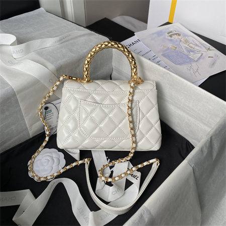 Chanel Mini Coco Handle Bag Shinny Calfskin Aged Gold Metal White AS2215