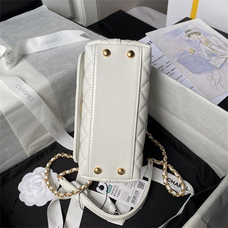 Chanel Mini Coco Handle Bag Shinny Calfskin Aged Gold Metal White AS2215