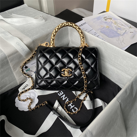 Chanel Mini Coco Handle Bag Shinny Calfskin Aged Gold Metal Black AS2215
