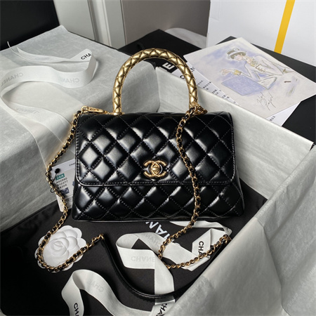 Chanel Small Coco Handle Bag Shinny Calfskin Aged Gold Metal Black A92990
