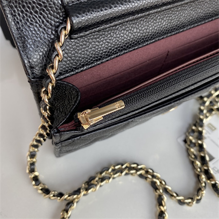 Cha.nel Wallet On Chain Grained Calfskin Gold Tone Metal Black AP0250