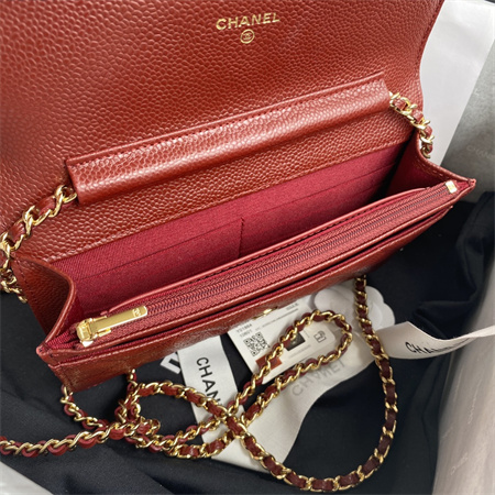 Cha.nel Wallet On Chain Grained Calfskin Gold Tone Metal Burgundy AP0250
