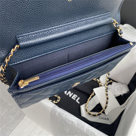 Cha.nel Wallet On Chain Grained Calfskin Gold Tone Metal Navy AP0250