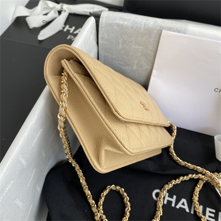 Cha.nel Wallet On Chain Grained Calfskin Gold Tone Metal Beige AP0250
