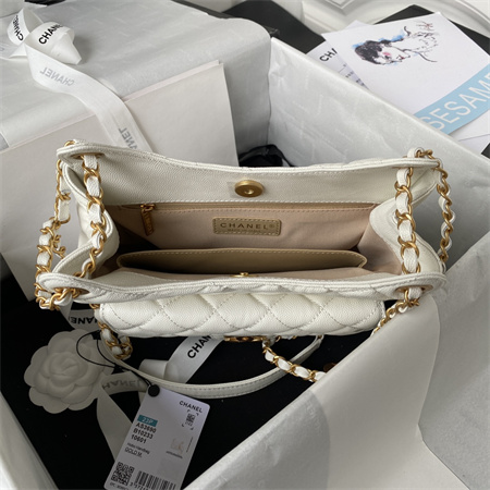 Chanel Hobo Bag Grained Calfskin Gold Tone Metal White AS3690