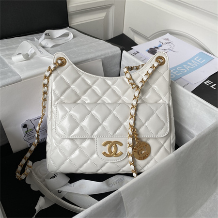 Chanel Hobo Bag Shinny Calfskin Gold Tone Metal White AS3690