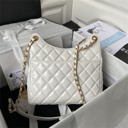 Chanel Hobo Bag Shinny Calfskin Gold Tone Metal White AS3690