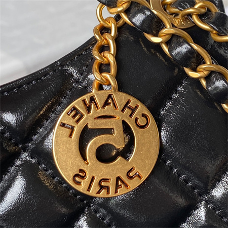 Chanel Hobo Bag Shinny Calfskin Gold Tone Metal Black AS3690