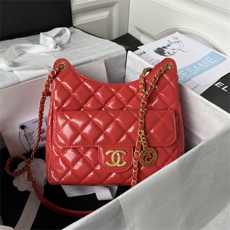 Chanel Hobo Bag Shinny Calfskin Gold Tone Metal Red AS3690