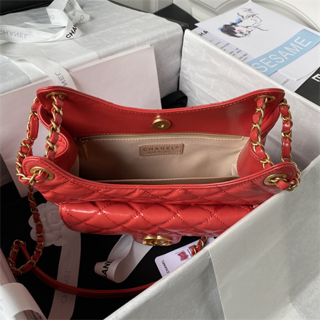 Chanel Hobo Bag Shinny Calfskin Gold Tone Metal Red AS3690