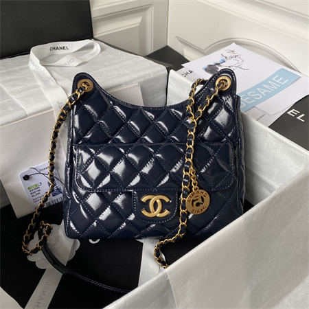 Chanel Hobo Bag Shinny Calfskin Gold Tone Metal Navy AS3690