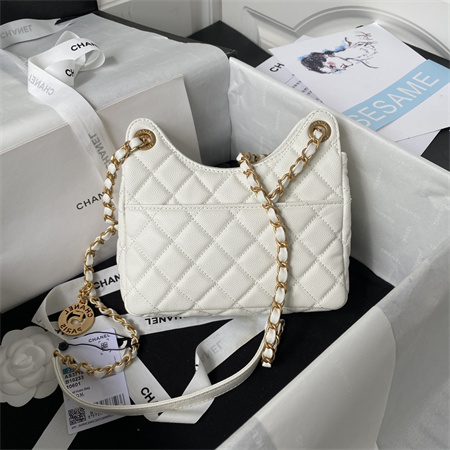 Chanel Small Hobo Bag Grained Calfskin Gold Tone Metal White AS3710