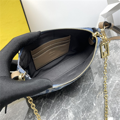 Fen.di Baguette Pouch With Chain Light Blue FF Denim Fabric